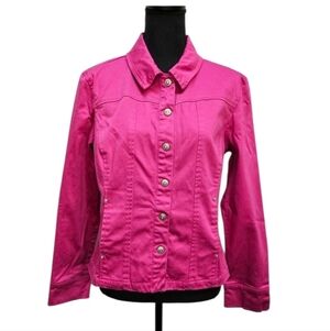 A.M.I. Fuschia Snap Up Jean Jacket Rhinestone Accents 98% Cotton 2% Spandex Sz L